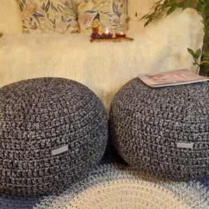 Living room pouf ottoman crocheted melange of 2 colors Stuffed round ottoman Outdoor cushion pouf foot stool Handmade ottoman as a gift