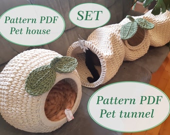 Set cat house and pet tunnel Digital tutorial manual PDF Format with video Crochet cat furniture Cat bed pdf pattern Handmade cat lover gift