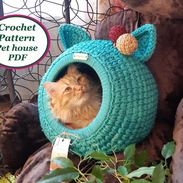 Crochet cat house Kitten Digital Instruction Manual PDF Format with video Cat furniture Crochet cat cave pdf pattern Handmade cat lover gift