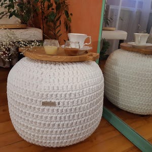 White pouf ottoman crocheted outdoor indoor Stuffed round ottoman Outdoor cushion pouf foot stool Handmade ottoman as a gift