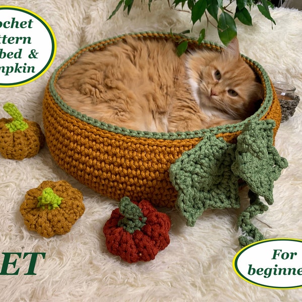 Pattern SET crochet pet bed and halloween pumpkin Digital instruction in PDF format with photo Crochet cat furniture Handmade cat lover gift