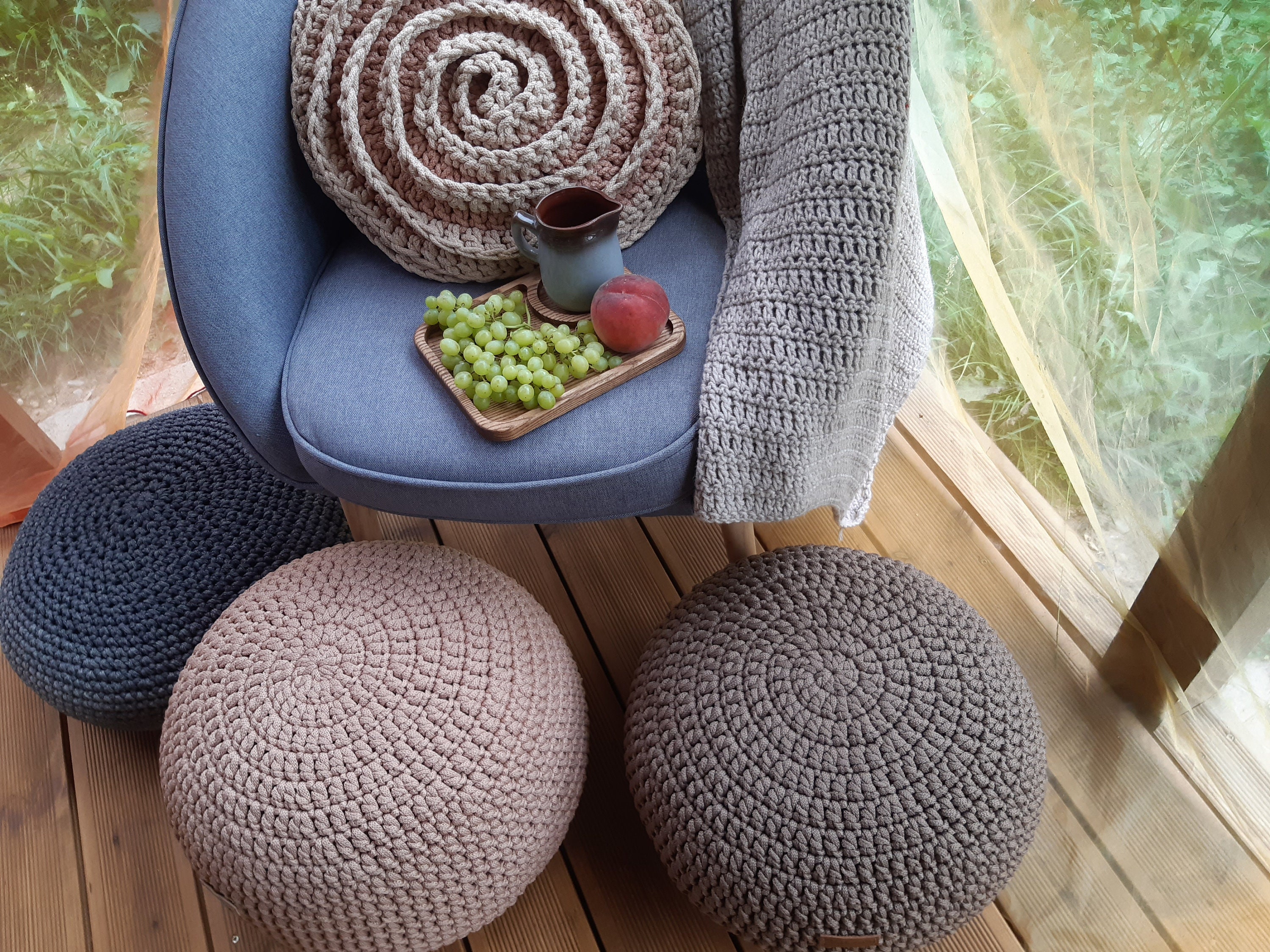 Patio Pouf Ottoman Stylish Outdoor Ottoman Crochet Stuffed Round Pouf Ottoman Outdoor Cushion ...