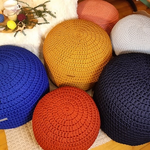 Filled ottoman pouf Stuffed round poufs Living room crochet ottoman coffee table Floor cushion pouf footstool Handmade ottoman as a gift