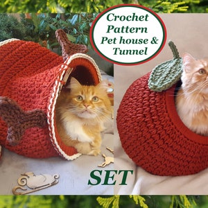 Set pet house apple and tunnel DEER Digital tutorial manual PDF Format with video Crochet cat furniture Pdf pattern Handmade cat lover gift