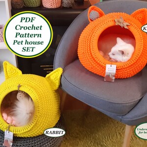 Crochet Cat Bed PDF Pattern: Pet House Set, 2 Decoration Options (Digital Tutorial) and video