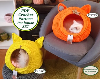 Crochet Cat Bed PDF Pattern: Pet House Set, 2 Decoration Options (Digital Tutorial) and video