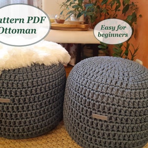 May include: Two gray crocheted ottomans with a white faux fur throw on one. The ottomans are made with a chunky yarn and have a simple, textured design. The text "Pattern PDF Ottoman" and "Easy for beginners" is visible in the image.