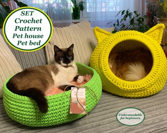 May include: A set of crochet patterns for a pet house and a pet bed. The patterns are easy to follow and are understandable for beginners. The pet house is yellow with cat ears and the pet bed is green.