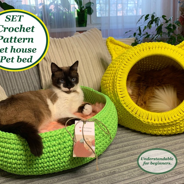 SET crochet cat house Rabbit and crochet cat bed Digital Instruction in PDF Format Cat furniture Crochet pattern Handmade cat lover gift