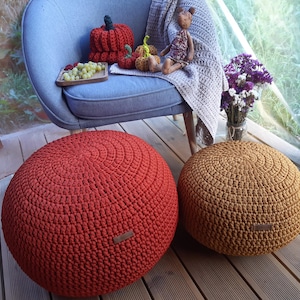 Outdoor pouf ottoman Stylish patio ottoman crochet Stuffed round pouf ottoman Outdoor cushion pouf foot stool Handmade ottoman as a gift