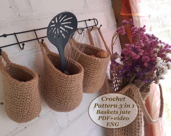 Crochet Hanging Basket Pattern: 3-in-1 Jute Baskets (PDF Digital Instruction)