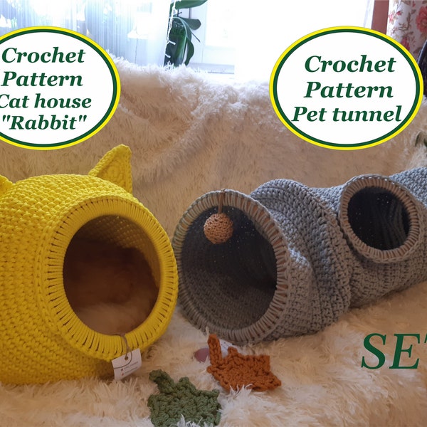 Ensemble maison pour animaux de compagnie Tunnel pour lapin et chat Tutoriel numérique manuel au format PDF avec vidéo Meubles au crochet pour chat Modèle pdf de lit pour animal de compagnie Cadeau fait main pour amoureux