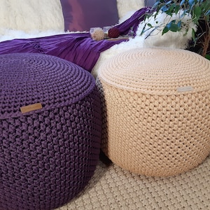 Unique round pouf ottoman Stuffed living room poufs Crochet ottoman footstool Filled pouffe Floor cushion Handmade ottoman as a gift for her