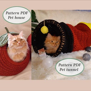 Set pet house and cat tunnel Digital tutorial manual PDF Format Crochet cat furniture Cat bed pdf pattern Handmade cat lover gift