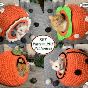 Crochet pattern cat houses 4 decoration options Digital tutorial manual PDF format Crochet cat furniture pdf pattern Handmade cat lover gift