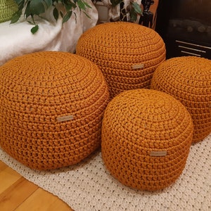 Stylish ottoman crocheted mustard Stuffed bedroom round pouf ottoman Outdoor ottoman pouf footstool Handmade ottoman halloween gift