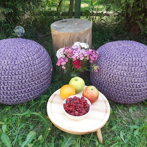 Stylish outdoor ottoman crocheted melange of 2 colors Stuffed round pouf ottoman Outdoor cushion pouf foot stool Handmade ottoman as a gift