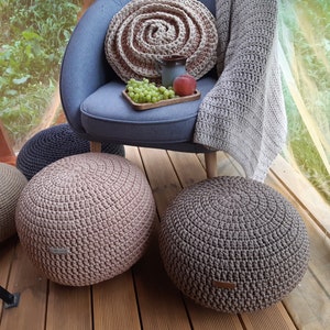 Patio pouf ottoman Stylish outdoor ottoman crochet Stuffed round pouf ottoman Outdoor cushion pouf foot stool Handmade ottoman as a gift