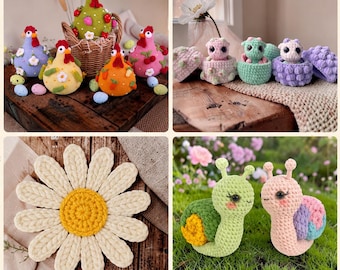 Crochet Pattern PDF Bundle, Chicken, Baby Dragon Egg, Daisy Flower Garland, Snail Amigurumi, Easy DIY Plush & Spring Decor