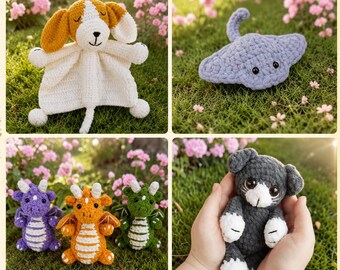 Crochet & Sewing Pattern PDF Bundle, Dog Lovey, Kitten Amigurumi, Dragon Keychain, Stingray Plush, Easy DIY Toy Tutorial