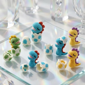 May include: A selection of crocheted dinosaur figures in blue, green, and yellow. Some are emerging from crocheted eggs with blue polka dots. The dinosaurs have closed eyes, suggesting they are sleeping or relaxed. The figures are handmade.