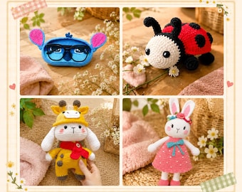 Crochet Pattern PDF Bundle, Bunny Amigurumi, Ladybug Plush, 2in1 Bear & Alien Eyeglasses Holder, Easy Beginner Crochet Tutorial