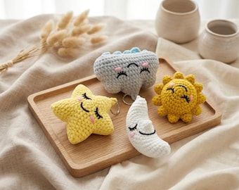 Weather Keychain Crochet Pattern PDF 4 in 1, Sun Moon Star Cloud Amigurumi, Celestial Plush Set, Easy Beginner DIY