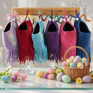 May include: A display of seven colorful, knitted monster-shaped hanging baskets. Each basket has a wide open mouth, googly eyes, and fringe. A wicker basket filled with decorated Easter eggs and flowers sits nearby.