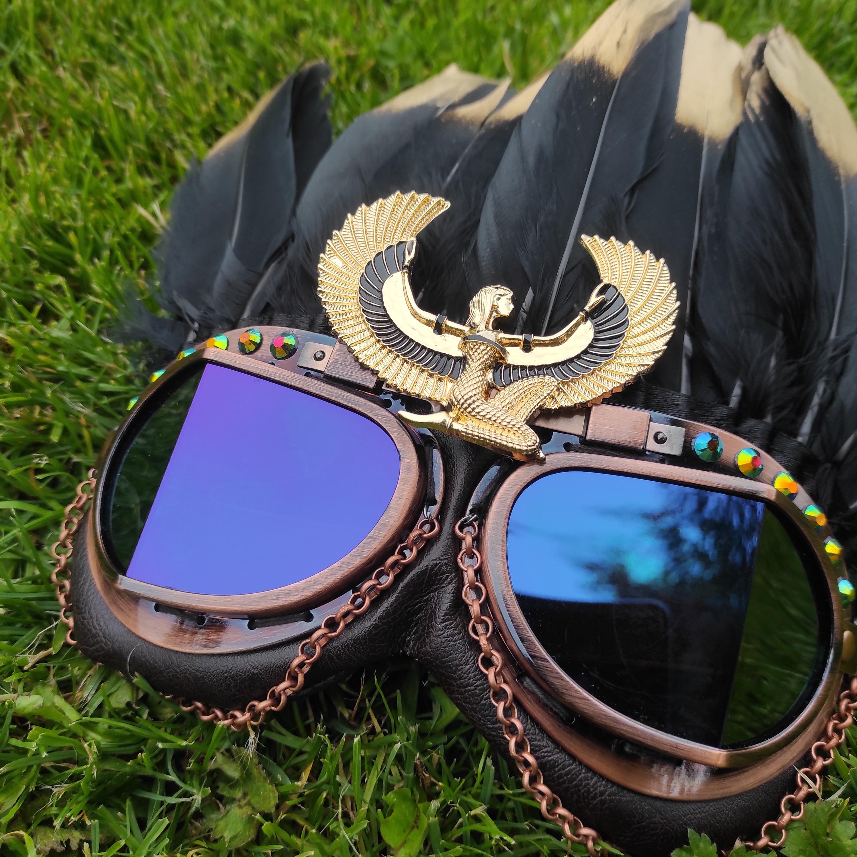 Goggles Egyptian Goddess With Feathers and Iridescent Lenses