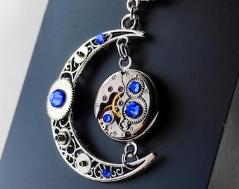 Colar de lua Jóias Steampunk Peças de relógio vintage Presente de prata incomum para mulheres Presente Steampunk