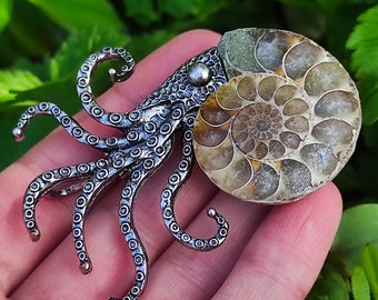 Broche Pulpo Mar regalo para hombres mujeres Broche Steampunk con amonita Estilo vintage