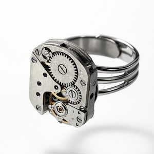 Peut inclure: Une bague argentée présentant les mécanismes internes d'une montre. La bague présente des engrenages, des vis et d'autres composants, créant une esthétique unique et industrielle. La bande a un design à trois barres.