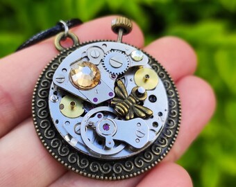 Steampunk gift necklace Bee jewelry Handmade Steam punk Unusual Vintage watch parts For men women Ready to ship