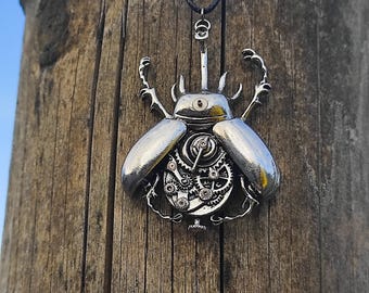 Declaração Steampunk Pingente de Besouro - Colar de Inseto Mecânico - Joias de Relógio de Prata
