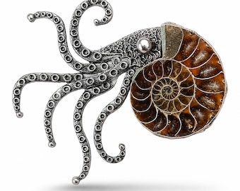 Broche met octopusmotief, een perfect cadeau voor mannen en vrouwen. Steampunk broche met ammoniet in vintage stijl.