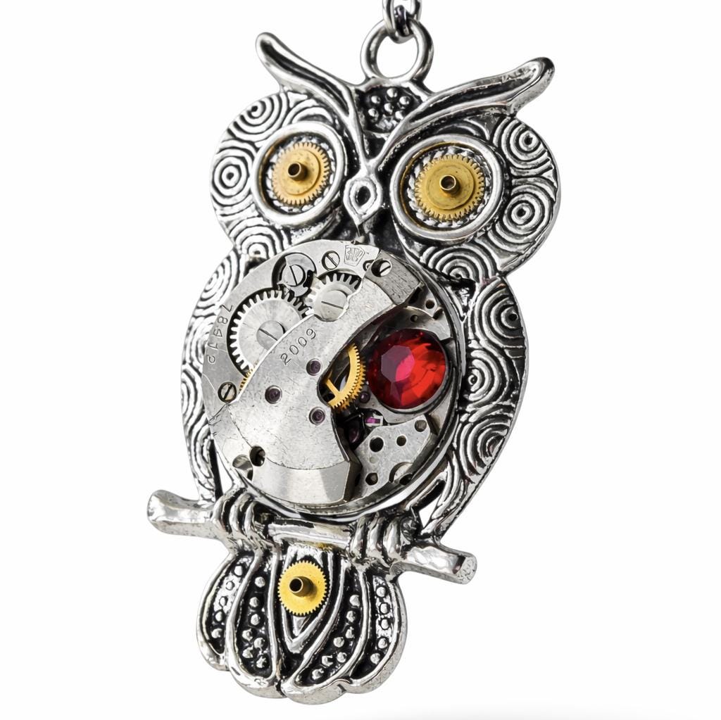 Steampunk Owl Pendant Necklace &ndash; Watch Movement Jewelry with Red Crystal &ndash; Silver Mechan