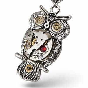 Puede incluir: Collar con colgante de búho plateado con diseño steampunk. El búho presenta intrincados detalles de engranajes, una gema roja y el número "6002" en el mecanismo del reloj. El colgante cuelga de una cadena plateada.