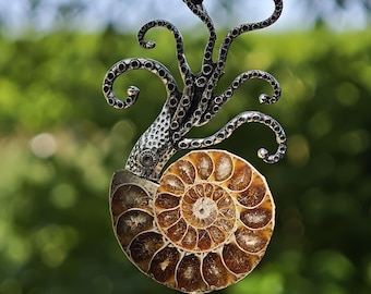Steampunk ammoniet octopus broche hanger, echt fossiel sieraad, nautische vintage speld, cadeau voor oceaanliefhebbers, converteerbare broche ketting