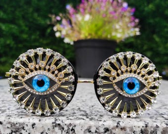 Lunettes de soleil œil mystique – Lunettes de soleil rondes en cristal avec motif mauvais œil bleu