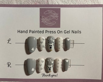 Grey Christmas handpainted nail art gel Press on nails, any shape available, reusable and durable, Minimalist & stylish, Matte top coat