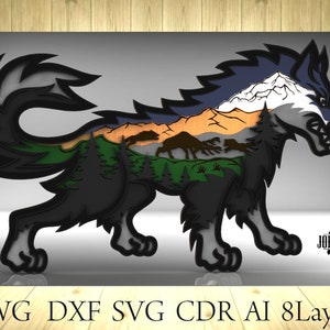 Multilayer Wolf mandala 8 layers for laser and cutter machines, home decor, SVG, DWG  DXF Cdr file, Glowforge, multilayer model, 3d Wolf
