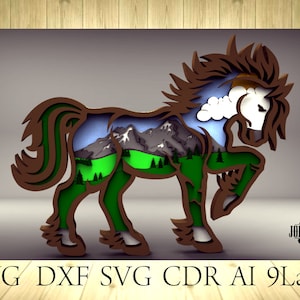 Meerlaagse paardenmandala 9 lagen voor laser- en snijmachines, woondecoratie, SVG, DWG DXF Cdr-bestand, Glowforge, meerlaags model, 3D-paard