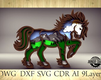 Mandala de caballo multicapa de 9 capas para máquinas de corte y láser, decoración del hogar, archivo SVG, DWG DXF Cdr, Glowforge, modelo multicapa, caballo 3d
