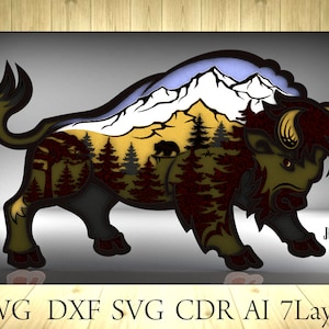 Multilayer Bison mandala 7 layers for laser and cutter machines, home decor, SVG, DWG  DXF Cdr file, Glowforge, multilayer model, 3d Bison