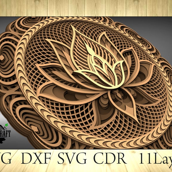 Multilayer Lotus mandala 11 layers for laser and cutter machines, home decor, SVG, DWG  DXF Cdr file, Glowforge, multilayer model, 3d