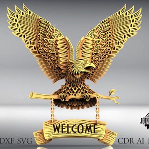 Multilayer Eagle Welcome 10 layers for laser and cutter machines, home decor, SVG, DWG  DXF Cdr file, Glowforge, multilayer model, 3d Eagle