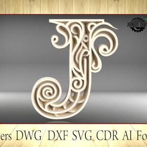 Letra multicamada J, decoração de casa, formato de arquivo vetorial DXF, SVG, Ai, Cdr, Dwg