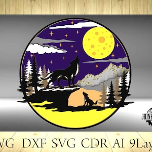 May include: A digital design of a wolf howling at the moon in a forest setting. The design features a yellow moon with a purple sky and stars. The wolf is black and the forest is green. The design is perfect for creating a nature-themed craft project.