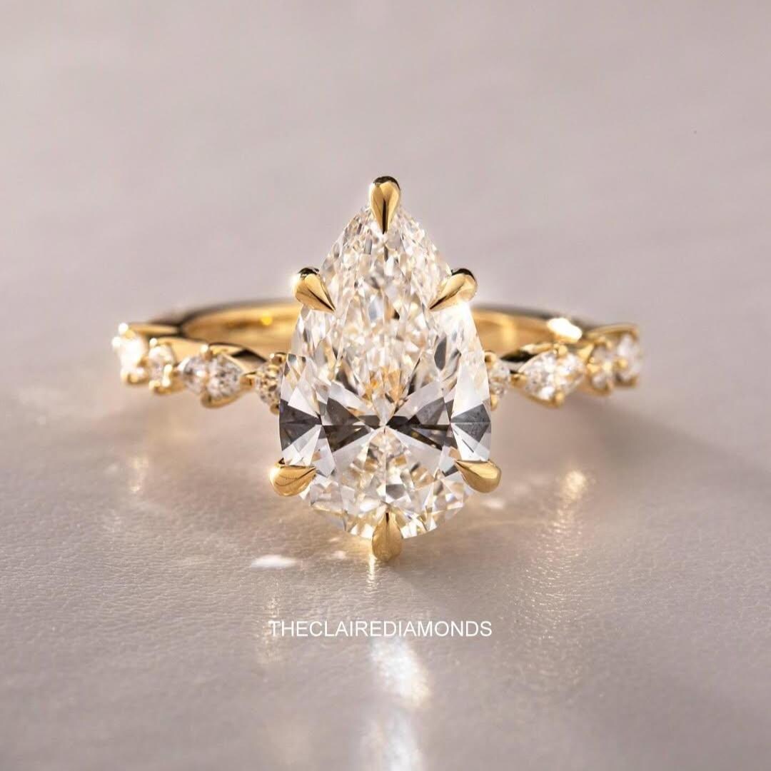 3CT Pear Cut Moissanite Engagement Ring, 14K Solid Gold Wedding Ring ...