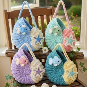 May include: Four handmade crochet bags in pastel colors, each with a seashell design. The bags feature fish and starfish appliqués, with handles in matching colors. They are displayed on a wooden chair, showcasing a nautical theme.